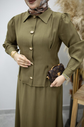 Düğmeli Pens Detaylı Etekli Takım TSD260188 Haki - 4