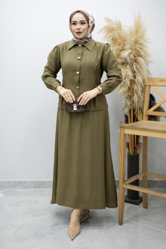 Düğmeli Pens Detaylı Etekli Takım TSD260188 Haki - 5