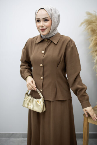 Düğmeli Pens Detaylı Etekli Takım TSD260188 Kahverengi - 2