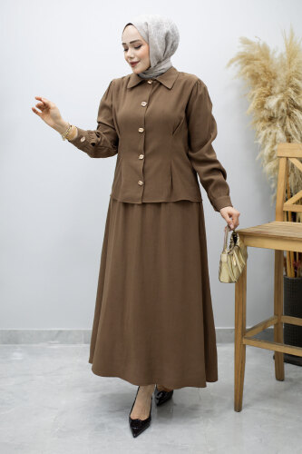 Düğmeli Pens Detaylı Etekli Takım TSD260188 Kahverengi - 3