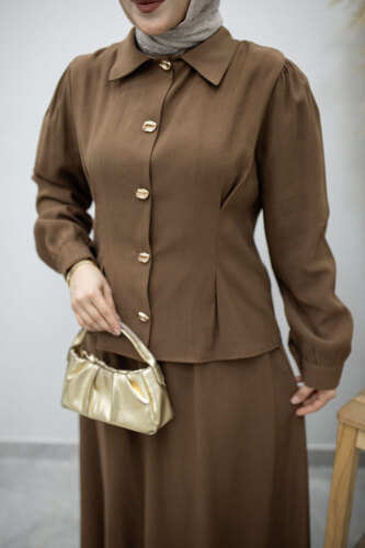 Düğmeli Pens Detaylı Etekli Takım TSD260188 Kahverengi - 4