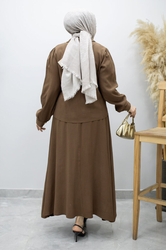 Düğmeli Pens Detaylı Etekli Takım TSD260188 Kahverengi - 6