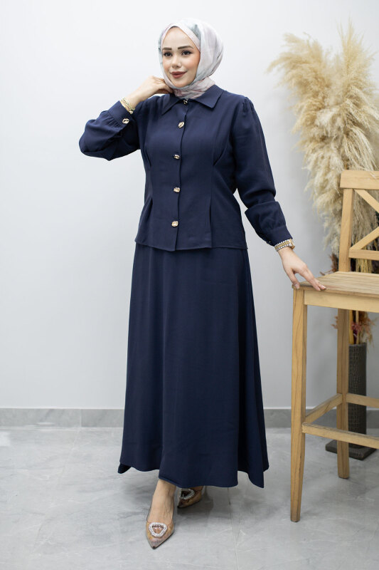Düğmeli Pens Detaylı Etekli Takım TSD260188 Lacivert - Tesettür Dünyası