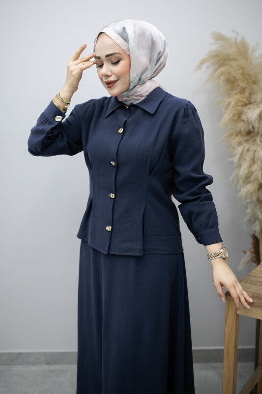 Düğmeli Pens Detaylı Etekli Takım TSD260188 Lacivert - Tesettür Dünyası (1)