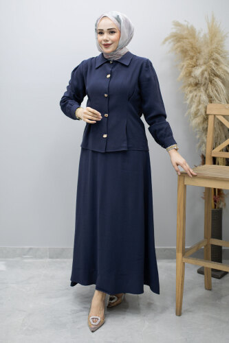 Düğmeli Pens Detaylı Etekli Takım TSD260188 Lacivert - 3