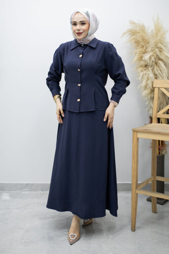 Düğmeli Pens Detaylı Etekli Takım TSD260188 Lacivert - 5