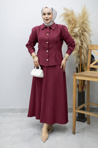 Düğmeli Pens Detaylı Etekli Takım TSD260188 Mürdüm 