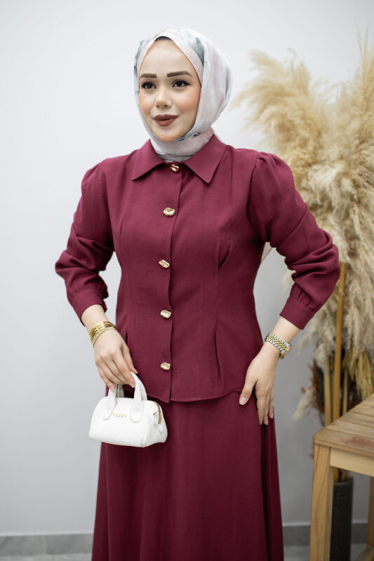 Düğmeli Pens Detaylı Etekli Takım TSD260188 Mürdüm - Tesettür Dünyası (1)