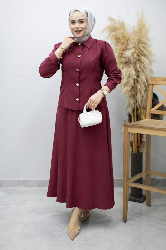 Düğmeli Pens Detaylı Etekli Takım TSD260188 Mürdüm - 3