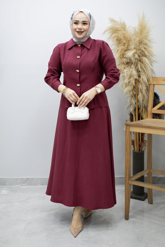 Düğmeli Pens Detaylı Etekli Takım TSD260188 Mürdüm - 5