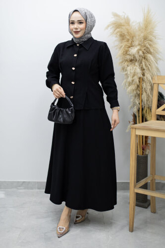 Düğmeli Pens Detaylı Etekli Takım TSD260188 Siyah 