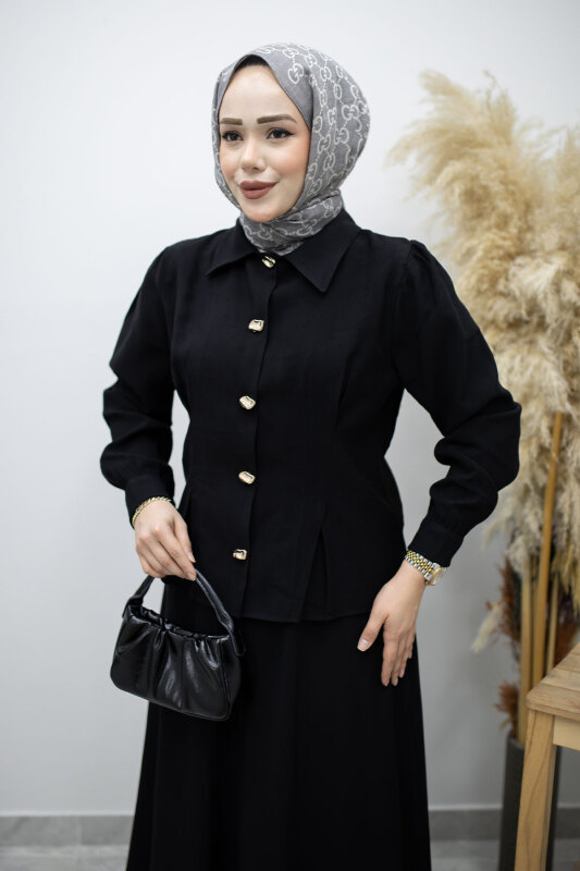 Düğmeli Pens Detaylı Etekli Takım TSD260188 Siyah - Tesettür Dünyası (1)