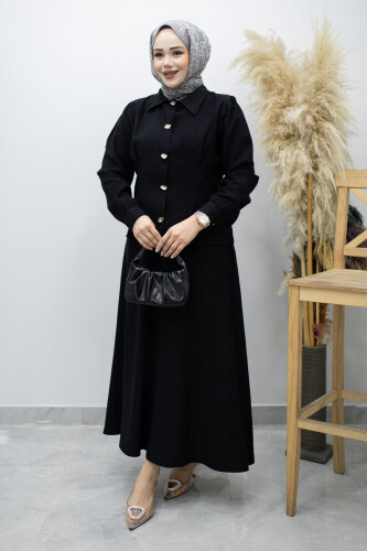 Düğmeli Pens Detaylı Etekli Takım TSD260188 Siyah - 3