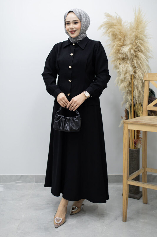 Düğmeli Pens Detaylı Etekli Takım TSD260188 Siyah - 3