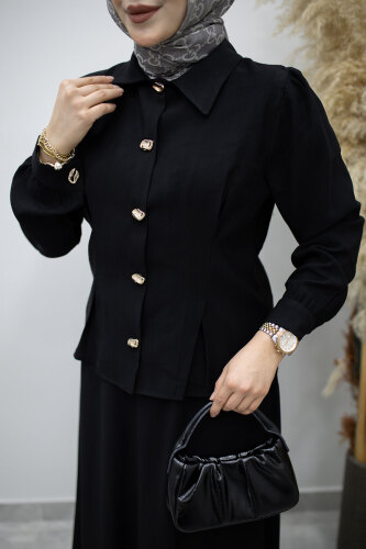 Düğmeli Pens Detaylı Etekli Takım TSD260188 Siyah - 4