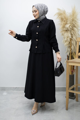 Düğmeli Pens Detaylı Etekli Takım TSD260188 Siyah - 5