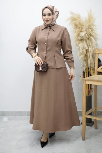 Düğmeli Pens Detaylı Etekli Takım TSD260188 Vizon - 1