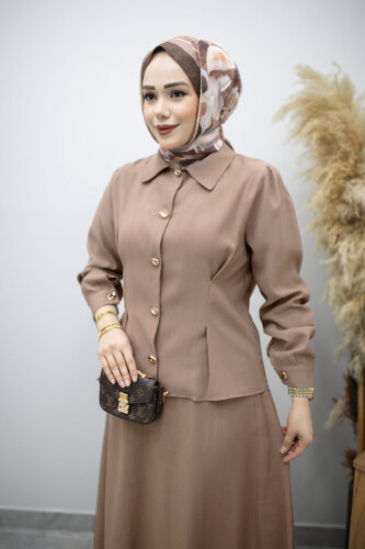 Düğmeli Pens Detaylı Etekli Takım TSD260188 Vizon - 2