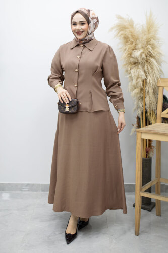 Düğmeli Pens Detaylı Etekli Takım TSD260188 Vizon - 3