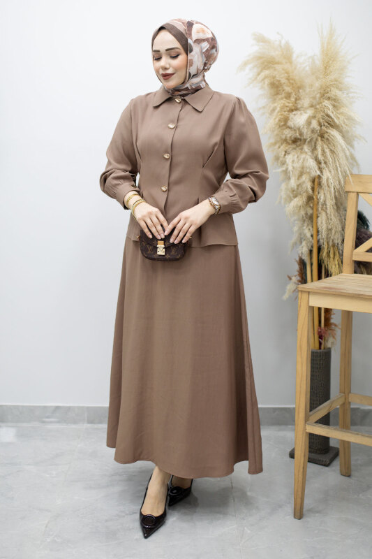 Düğmeli Pens Detaylı Etekli Takım TSD260188 Vizon - 5