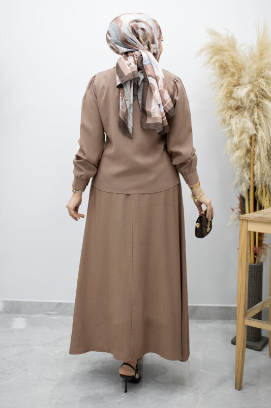 Düğmeli Pens Detaylı Etekli Takım TSD260188 Vizon - 6