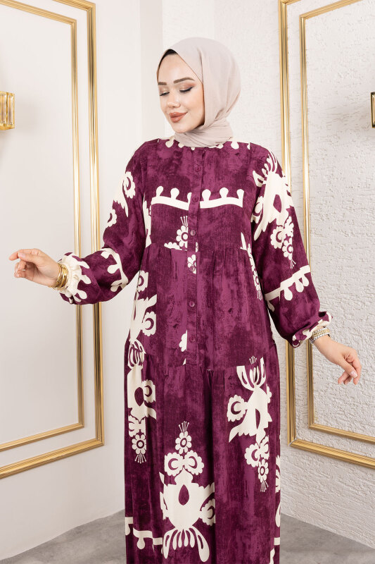 Düğmeli Viskon Elbise TSD250208 Mürdüm - 2