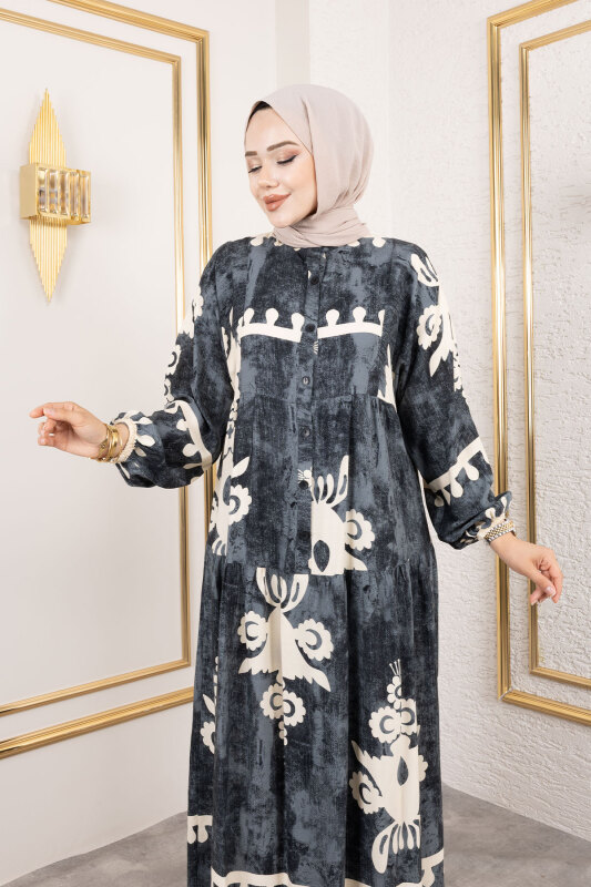 Düğmeli Viskon Elbise TSD250208 Siyah - 2