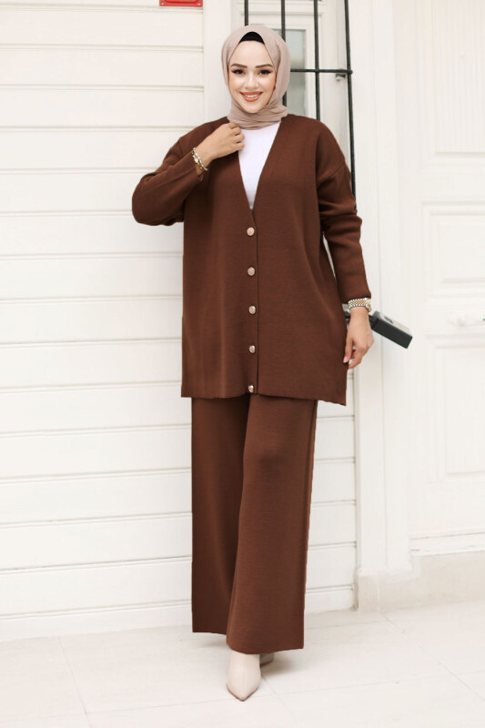 Düğmesi Taşlı Triko Hırka Takım TSD240932 Acı Kahve - 1
