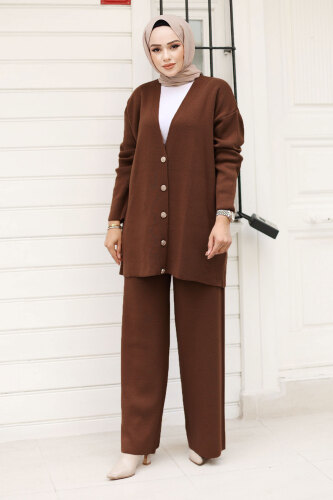 Düğmesi Taşlı Triko Hırka Takım TSD240932 Acı Kahve - 3