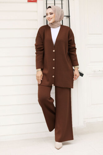 Düğmesi Taşlı Triko Hırka Takım TSD240932 Acı Kahve - 4
