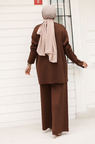Düğmesi Taşlı Triko Hırka Takım TSD240932 Acı Kahve - 5