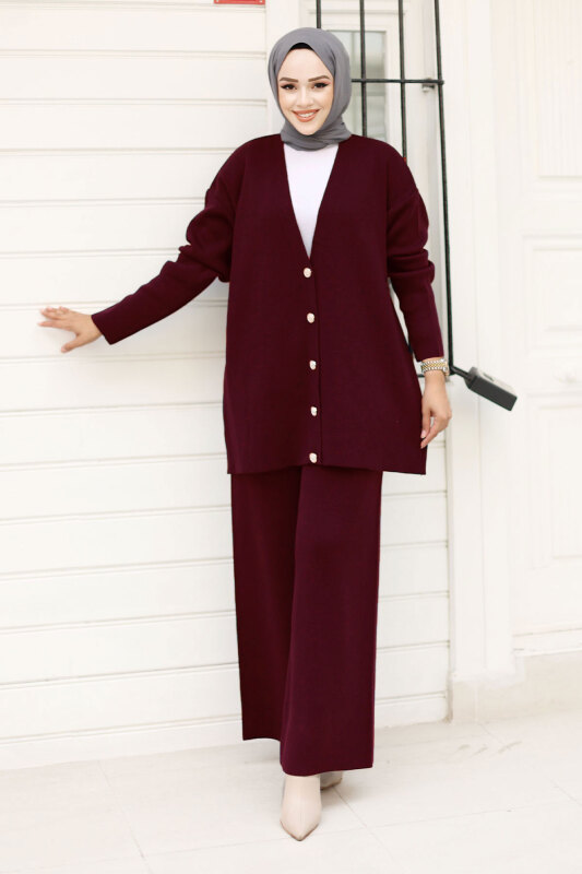 Düğmesi Taşlı Triko Hırka Takım TSD240932 Bordo - 1