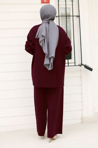 Düğmesi Taşlı Triko Hırka Takım TSD240932 Bordo - 5