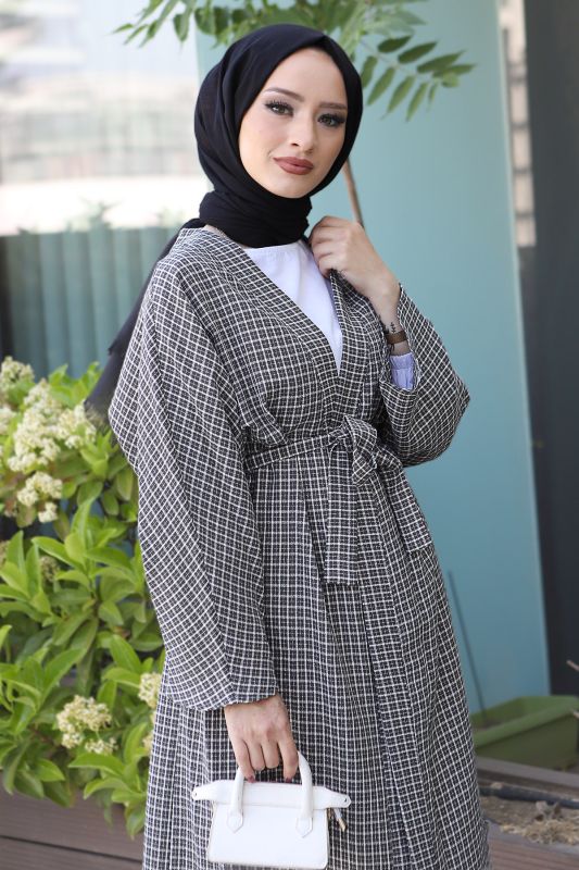 Ekose Desenli Kimono TSD220541 Gri - 2