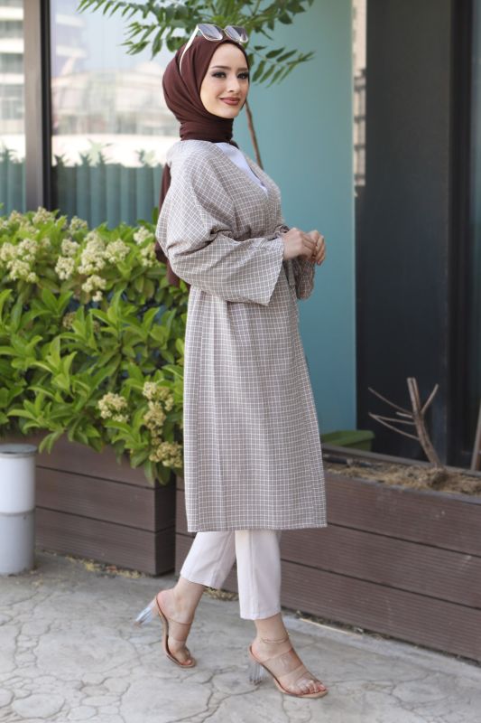 Ekose Desenli Kimono TSD220541 Krem - 3