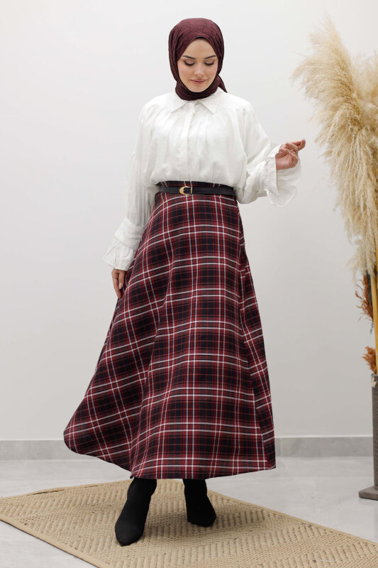 Ekose Etek TSD260102 Bordo - Tesettür Dünyası