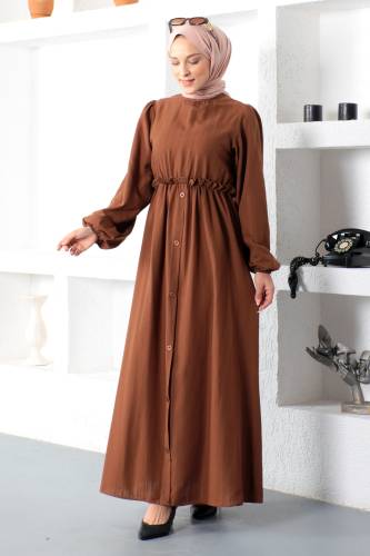 Eteği Düğme Detaylı Elbise TSD221206 Kahverengi - 3