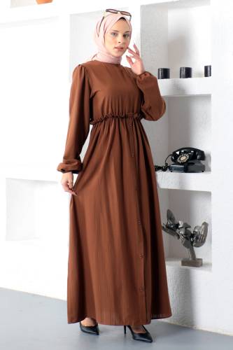 Eteği Düğme Detaylı Elbise TSD221206 Kahverengi - 5