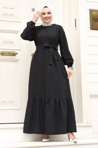 Eteği Volanlı Beli Bağlamalı Elbise TSD240312 Siyah - 1