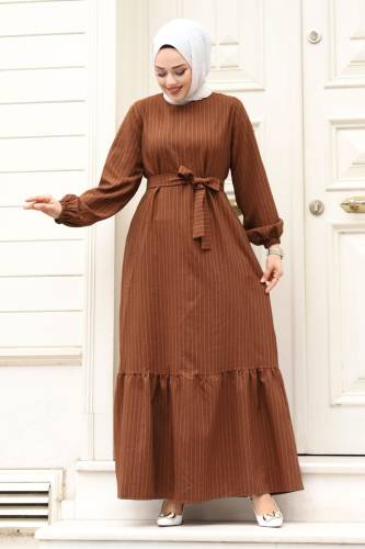 Eteği Volanlı Beli Bağlamalı Elbise TSD240312 Kahverengi - 4