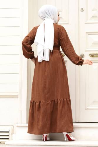 Eteği Volanlı Beli Bağlamalı Elbise TSD240312 Kahverengi - 5