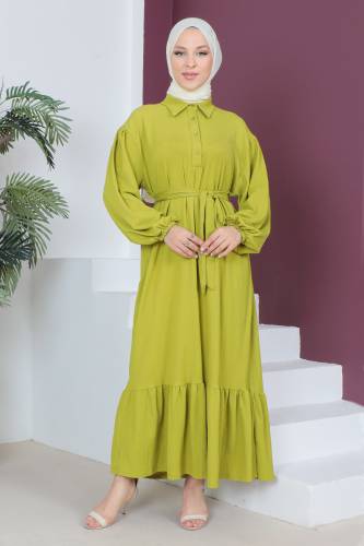 Eteği Volanlı Bürümcük Elbise TSD230515 Fıstık Yeşili 