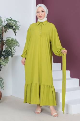 Eteği Volanlı Bürümcük Elbise TSD230515 Fıstık Yeşili - 3