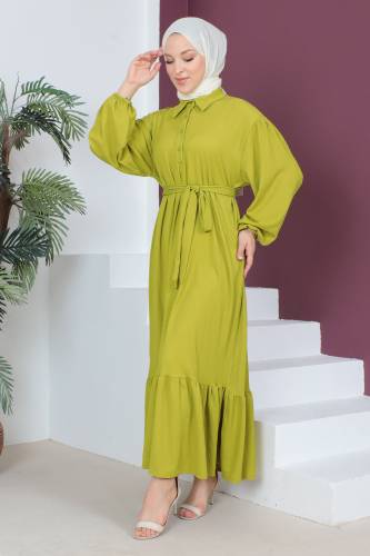 Eteği Volanlı Bürümcük Elbise TSD230515 Fıstık Yeşili - 4