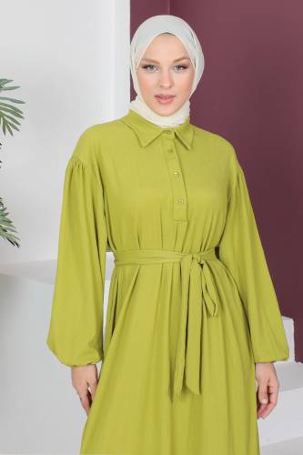 Eteği Volanlı Bürümcük Elbise TSD230515 Fıstık Yeşili - 2