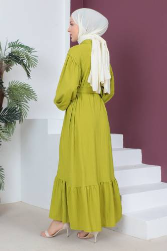 Eteği Volanlı Bürümcük Elbise TSD230515 Fıstık Yeşili - 5