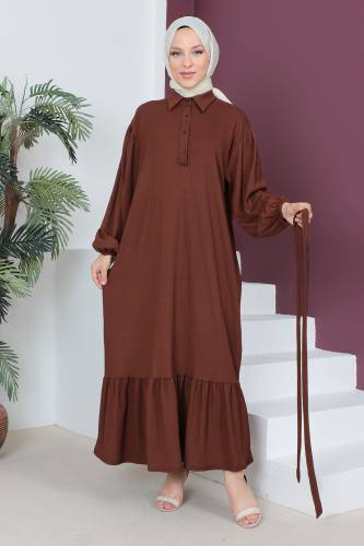 Eteği Volanlı Bürümcük Elbise TSD230515 Kahverengi - 3