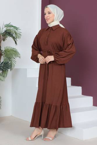 Eteği Volanlı Bürümcük Elbise TSD230515 Kahverengi - 4