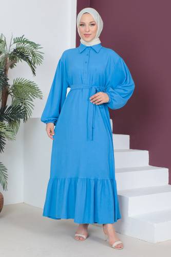 Eteği Volanlı Bürümcük Elbise TSD230515 Mavi 