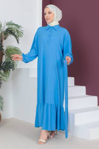 Eteği Volanlı Bürümcük Elbise TSD230515 Mavi - 3